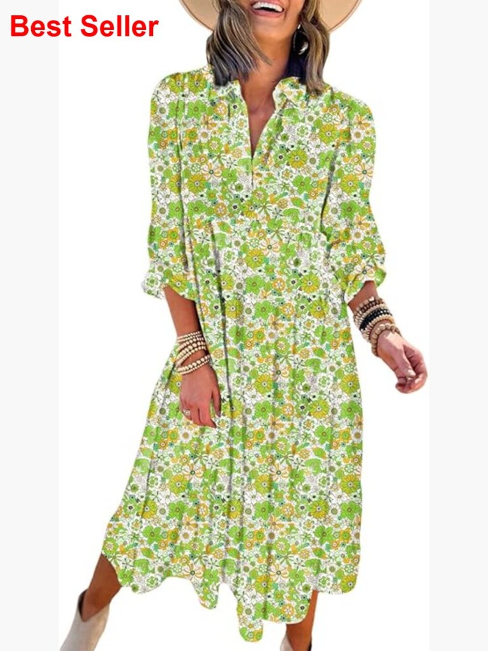 Polyester Bohemian Floral Dress With Puff Sleeves And V-Neck